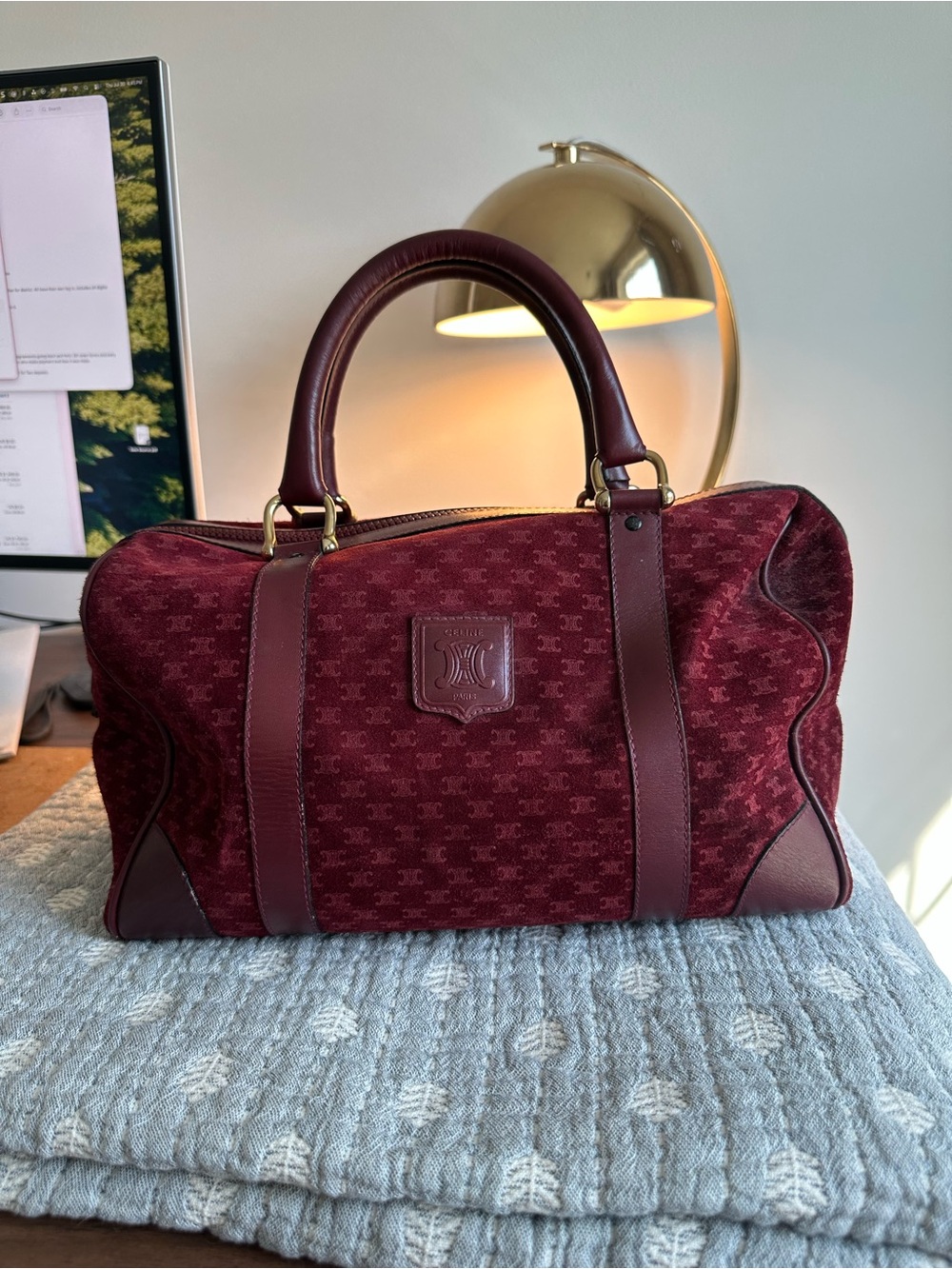 Celine Burgundy Suede Duffel Boston Bag